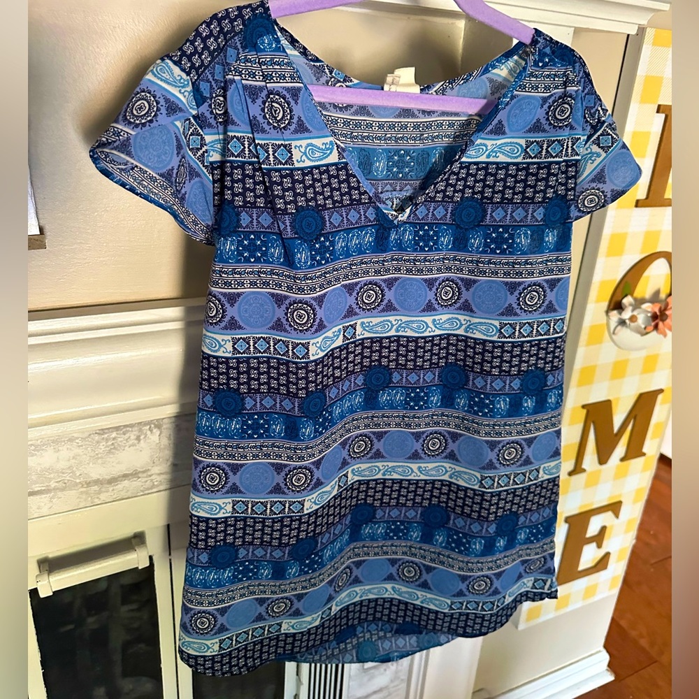 Blue Paisley Patterned Tulip Sleeve Blouse Size Small EUC